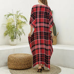 Red Black And White Scottish Plaid Print Silk V-Neck Kaftan Dress