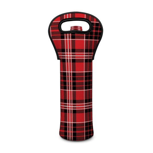 Red Black And White Scottish Plaid Print Single Neoprene Wine Tote
