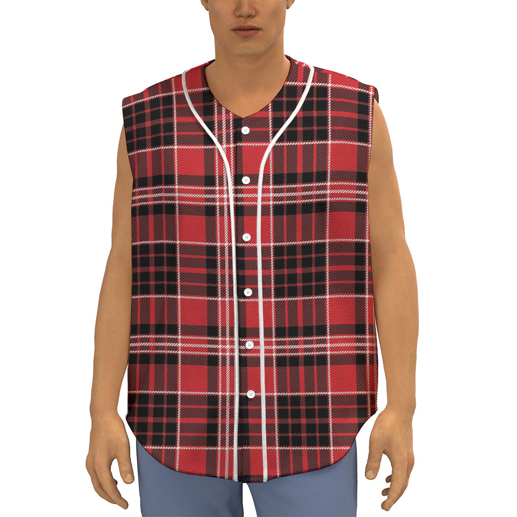 Red Black And White Scottish Plaid Print Sleeveless Baseball Jersey