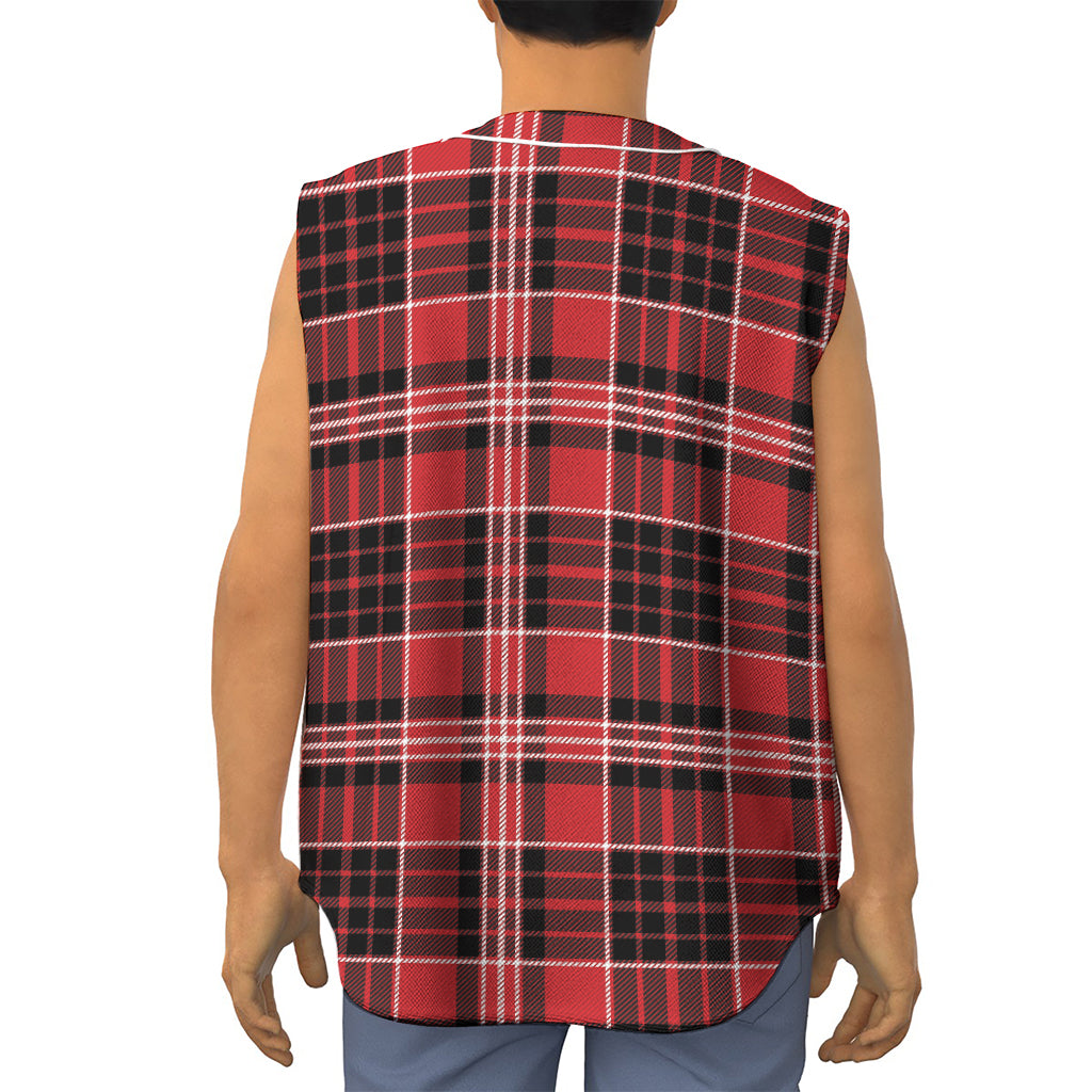 Red Black And White Scottish Plaid Print Sleeveless Baseball Jersey