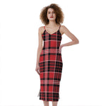 Red Black And White Scottish Plaid Print Slim Fit Midi Cami Dress