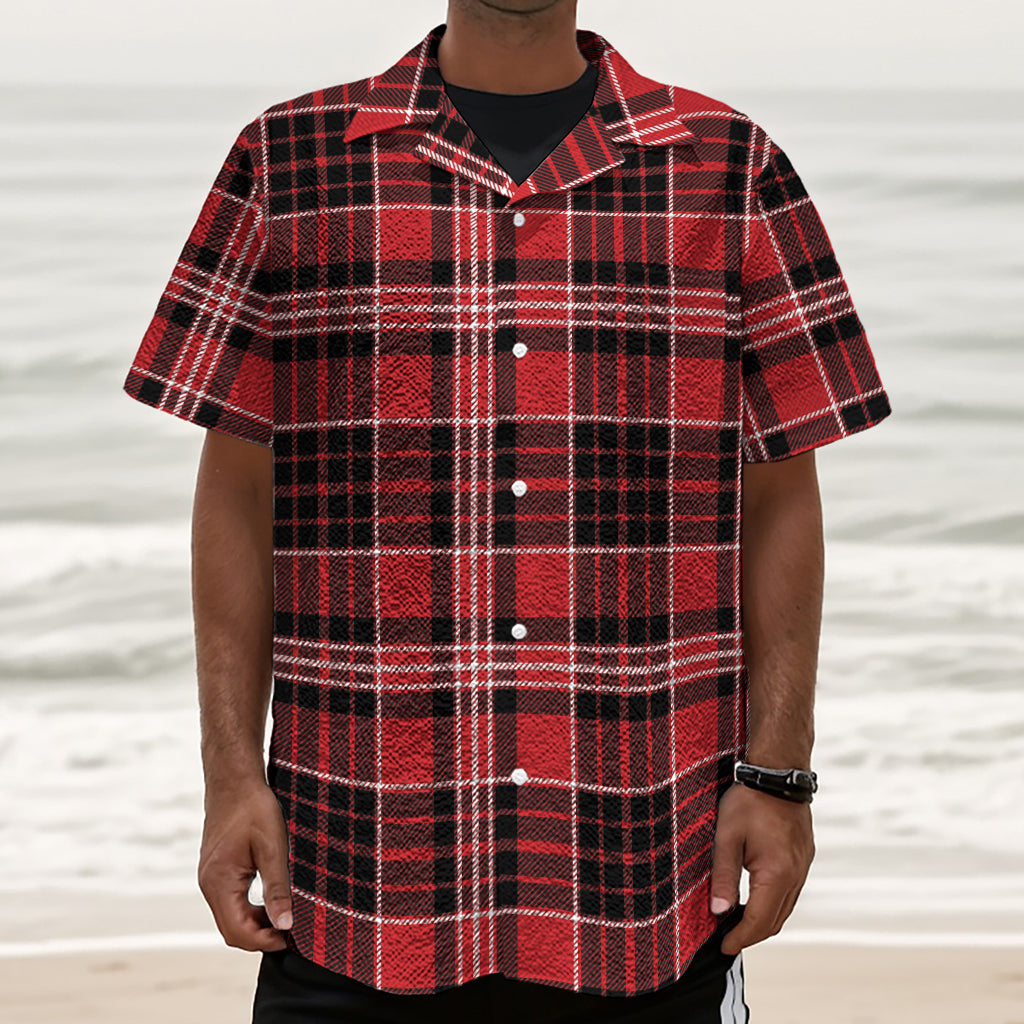 Red Black And White Scottish Plaid Print Textured Short Sleeve Shirt