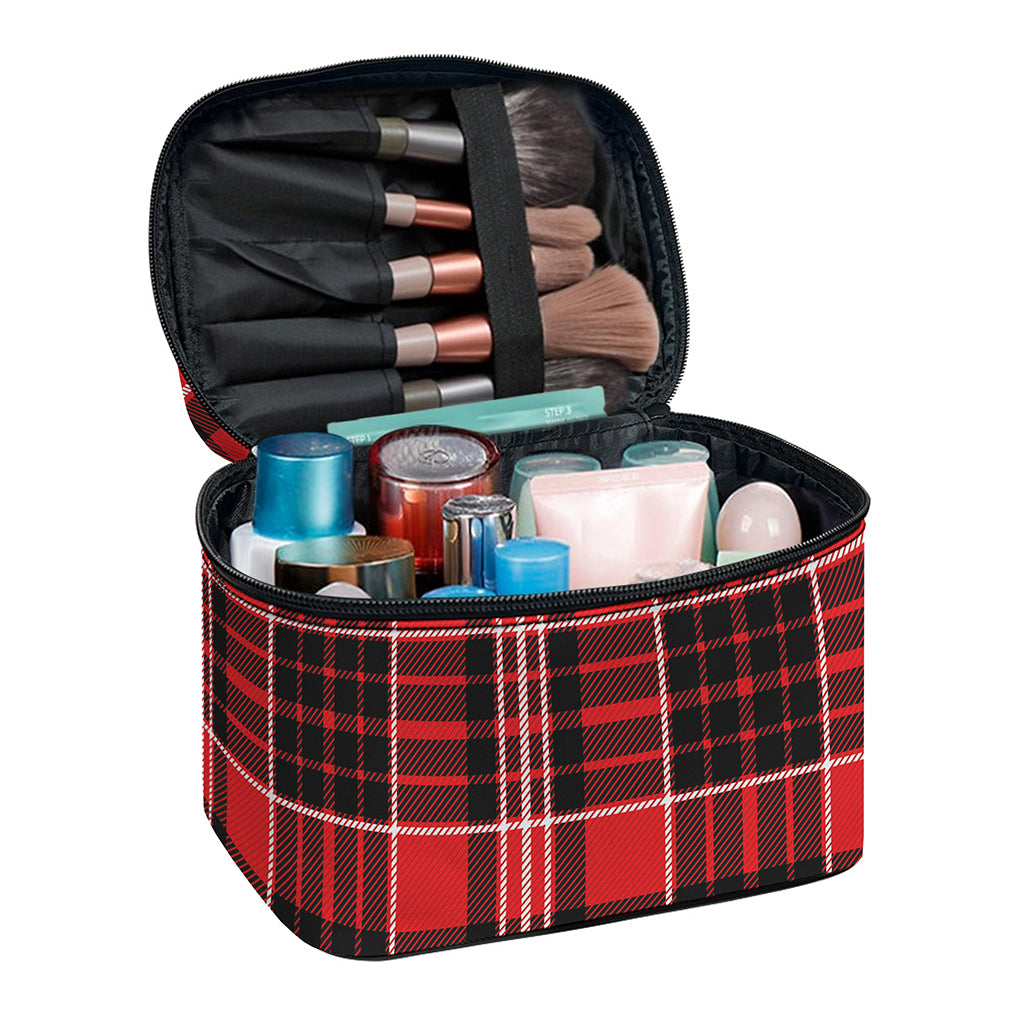 Red Black And White Scottish Plaid Print Travel Makeup Bag