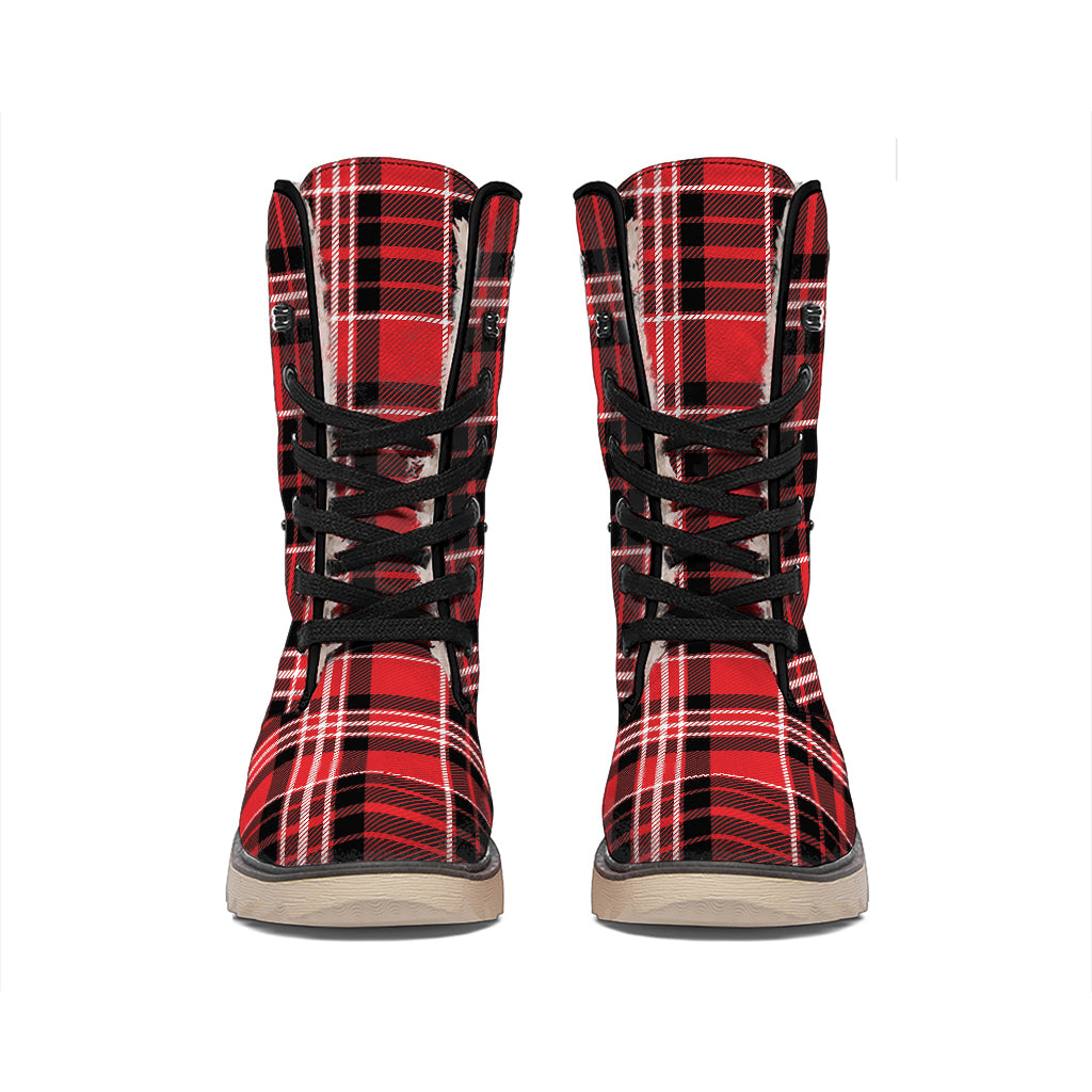 Red Black And White Scottish Plaid Print Winter Boots