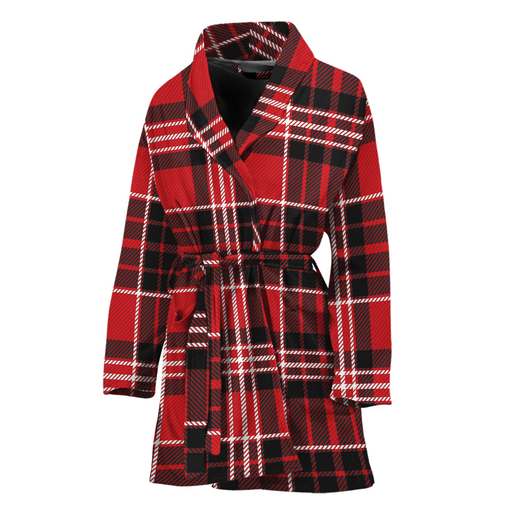 Red Black And White Scottish Plaid Print Women's Bathrobe