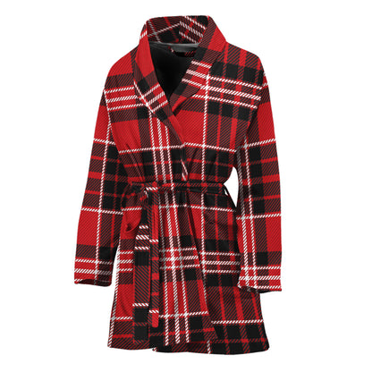 Red Black And White Scottish Plaid Print Women's Bathrobe