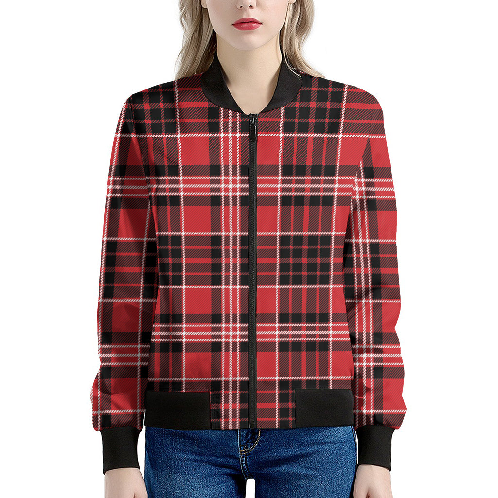 Red Black And White Scottish Plaid Print Women's Bomber Jacket