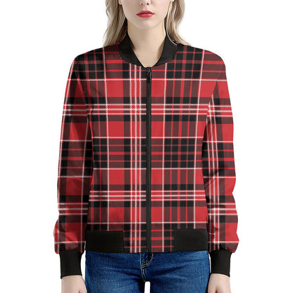 Red Black And White Scottish Plaid Print Women's Bomber Jacket