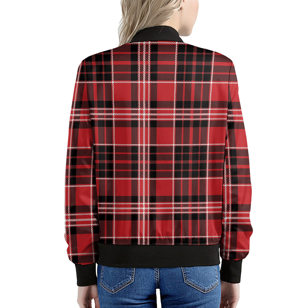 Red Black And White Scottish Plaid Print Women's Bomber Jacket