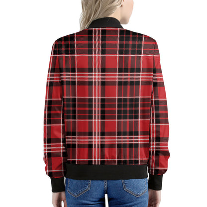 Red Black And White Scottish Plaid Print Women's Bomber Jacket