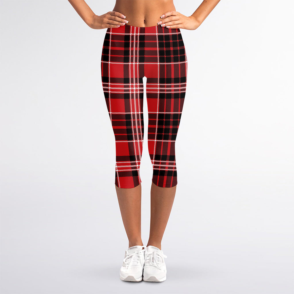 Red Black And White Scottish Plaid Print Women's Capri Leggings