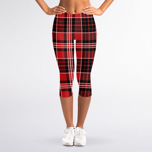 Red Black And White Scottish Plaid Print Women's Capri Leggings