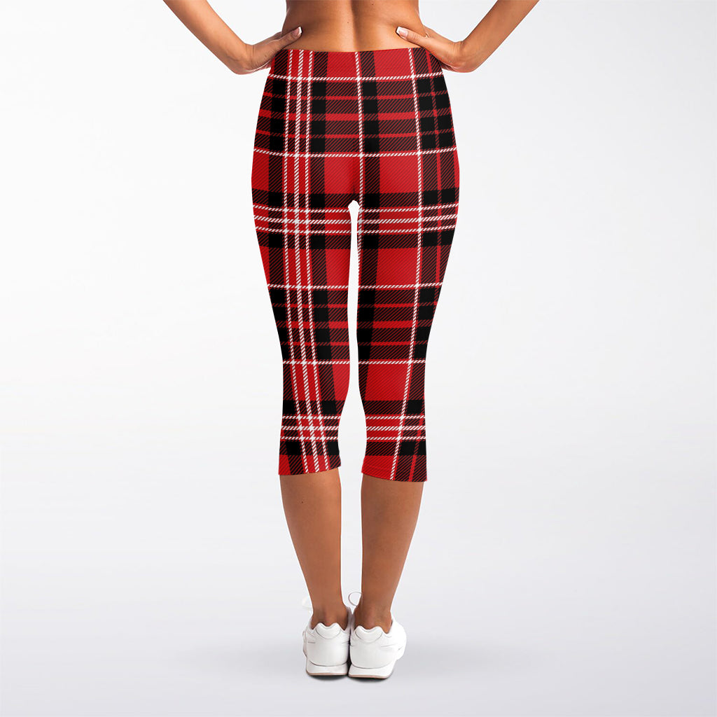 Red Black And White Scottish Plaid Print Women's Capri Leggings