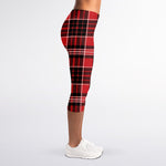 Red Black And White Scottish Plaid Print Women's Capri Leggings