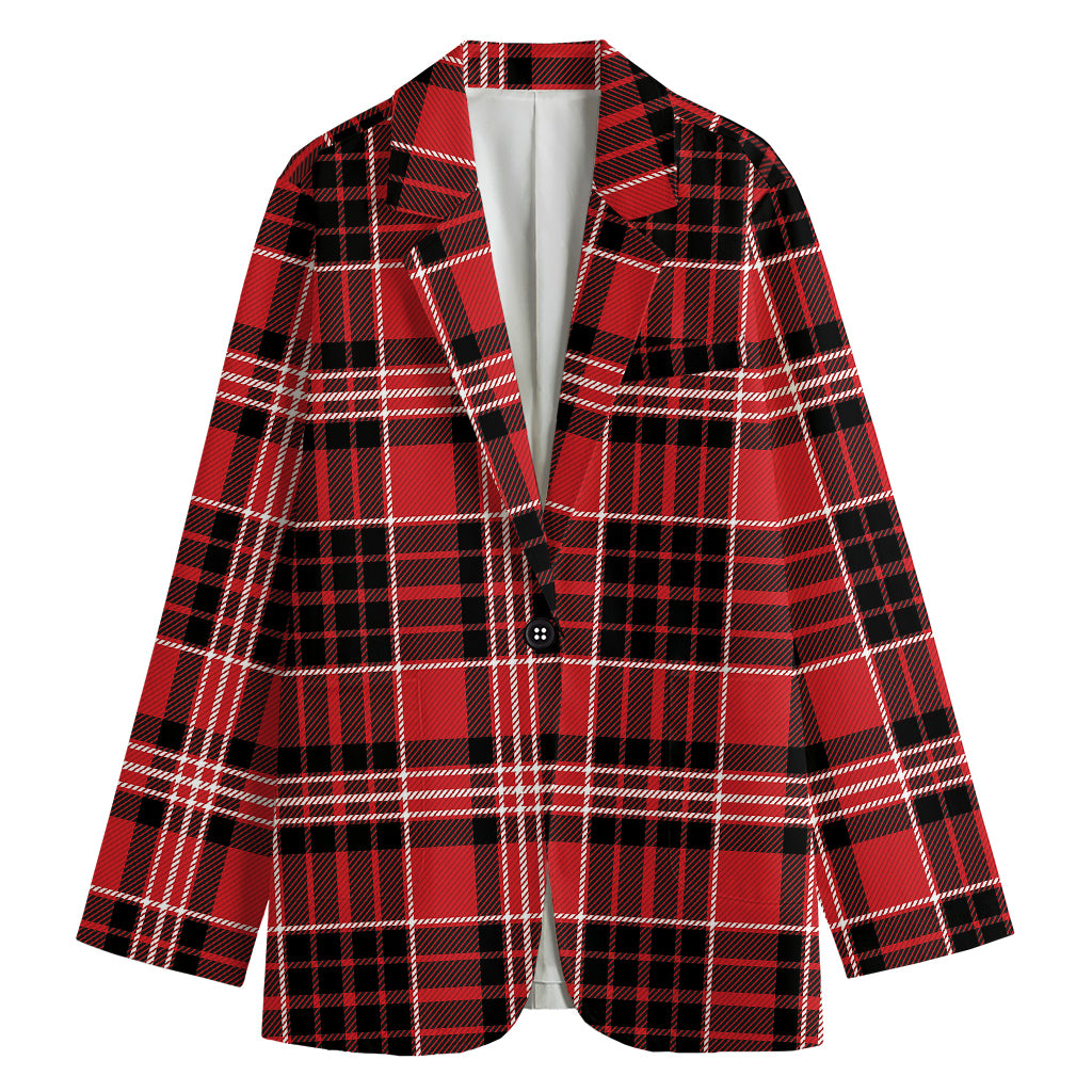 Red Black And White Scottish Plaid Print Women's Cotton Blazer