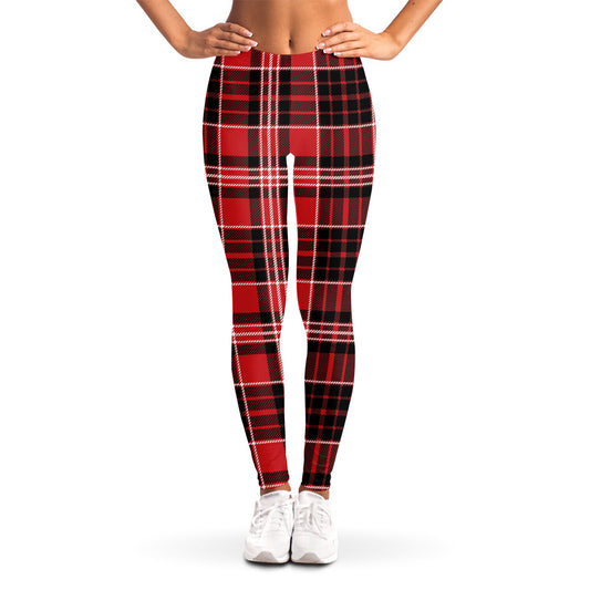 Red Black And White Scottish Plaid Print Women's Leggings