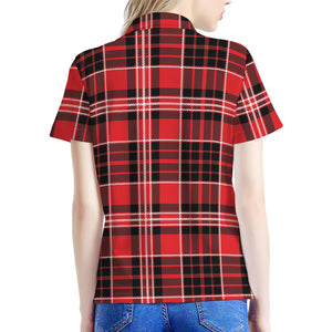 Red Black And White Scottish Plaid Print Women's Polo Shirt