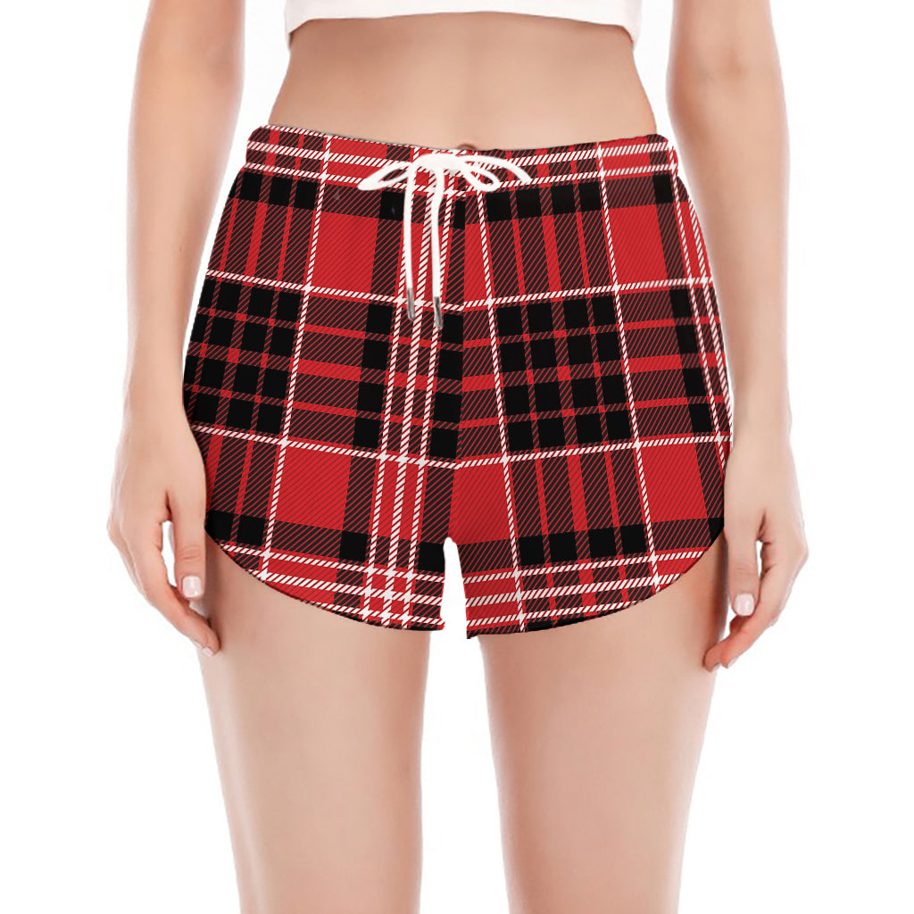 Red Black And White Scottish Plaid Print Women's Split Running Shorts