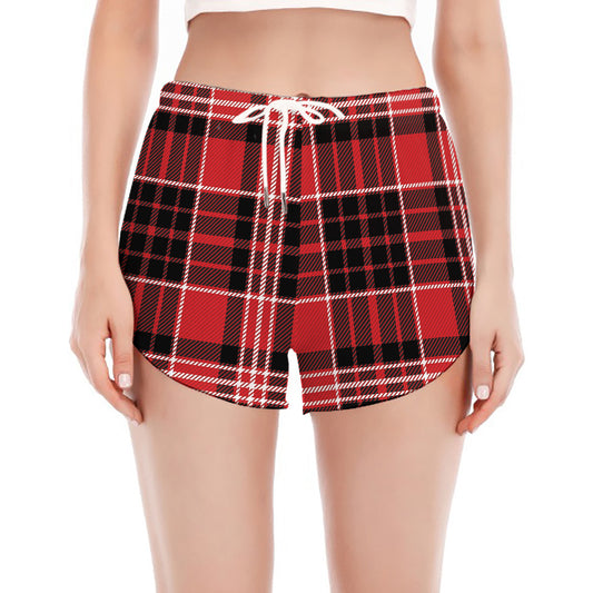 Red Black And White Scottish Plaid Print Women's Split Running Shorts