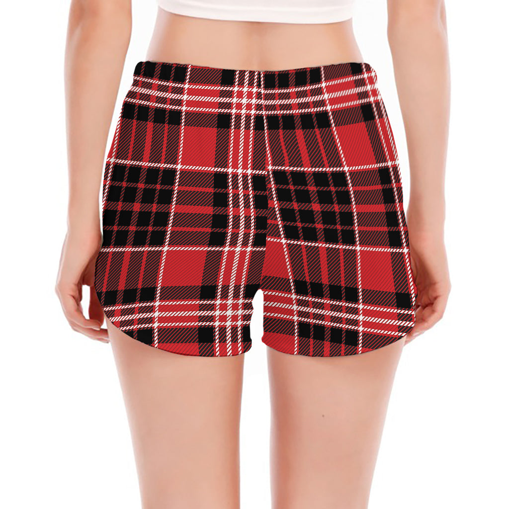 Red Black And White Scottish Plaid Print Women's Split Running Shorts