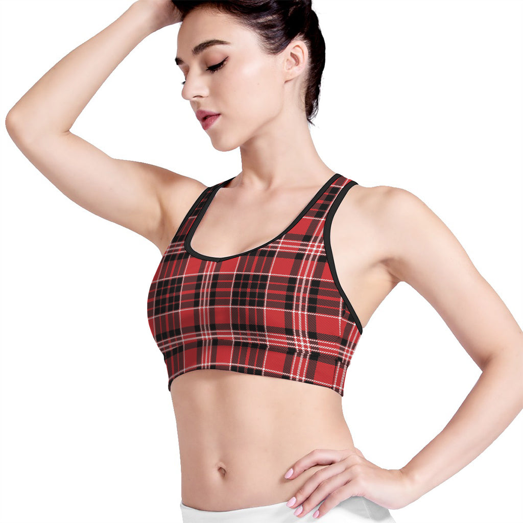 Red Black And White Scottish Plaid Print Women's Sports Bra