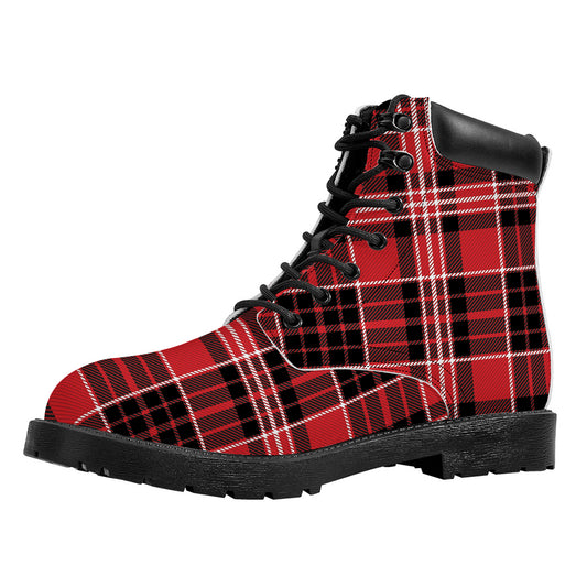 Red Black And White Scottish Plaid Print Work Boots