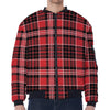 Red Black And White Scottish Plaid Print Zip Sleeve Bomber Jacket