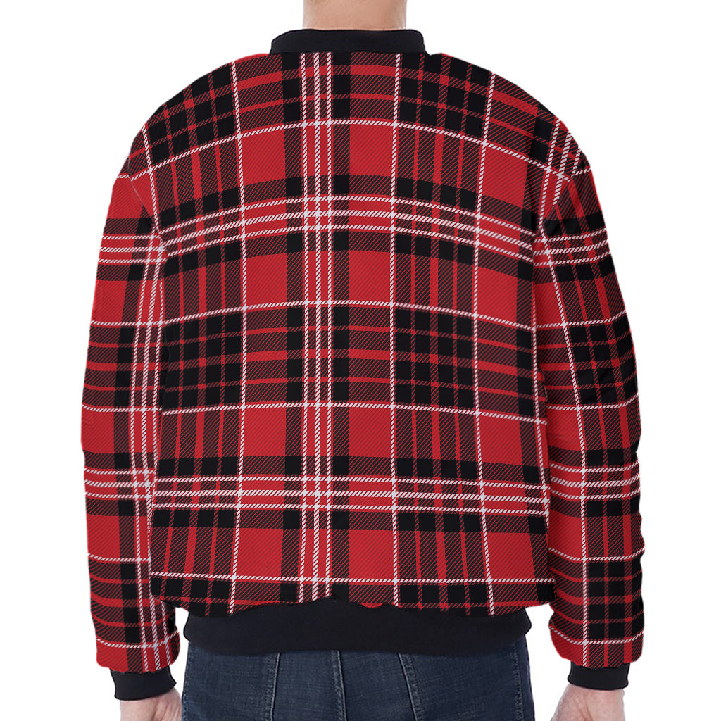 Red Black And White Scottish Plaid Print Zip Sleeve Bomber Jacket