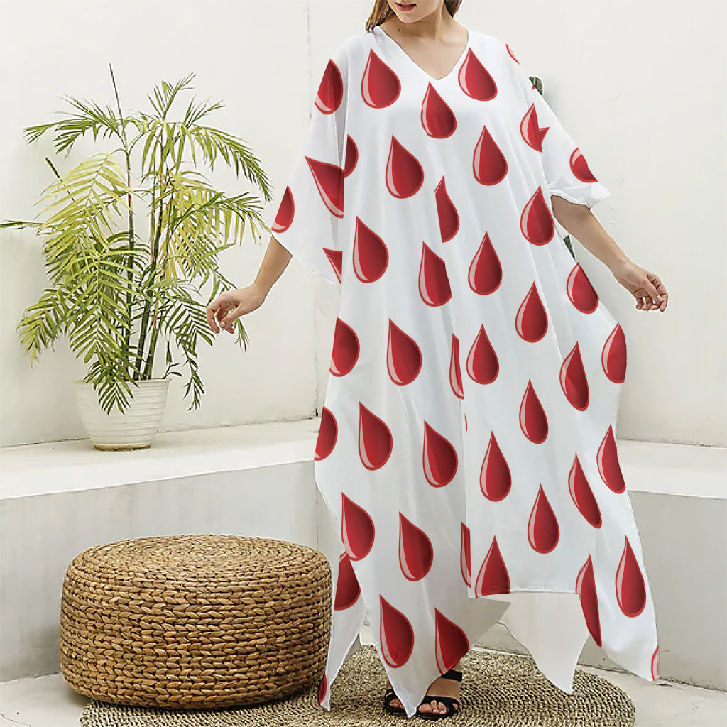 Red Blood Drop Pattern Print Silk V-Neck Kaftan Dress