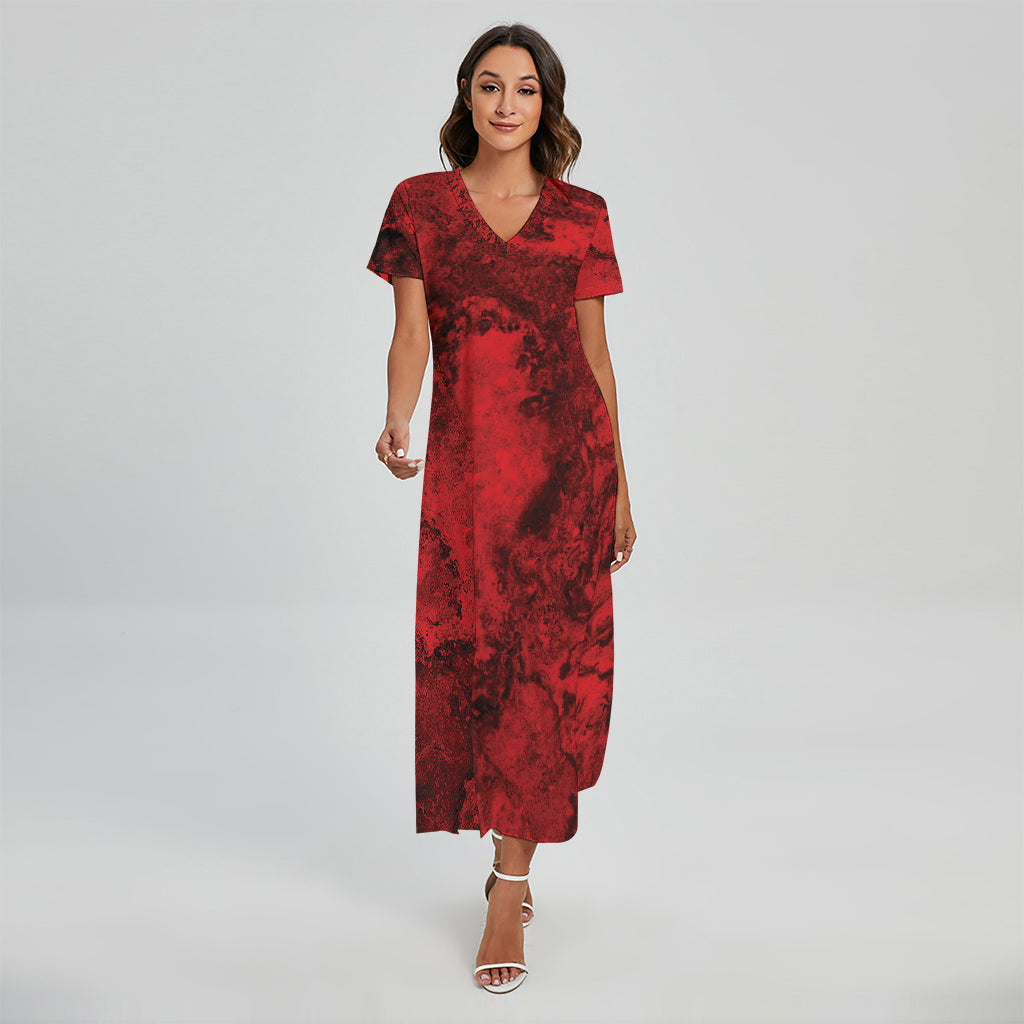 Red Blood Print Short Sleeve Maxi Dress