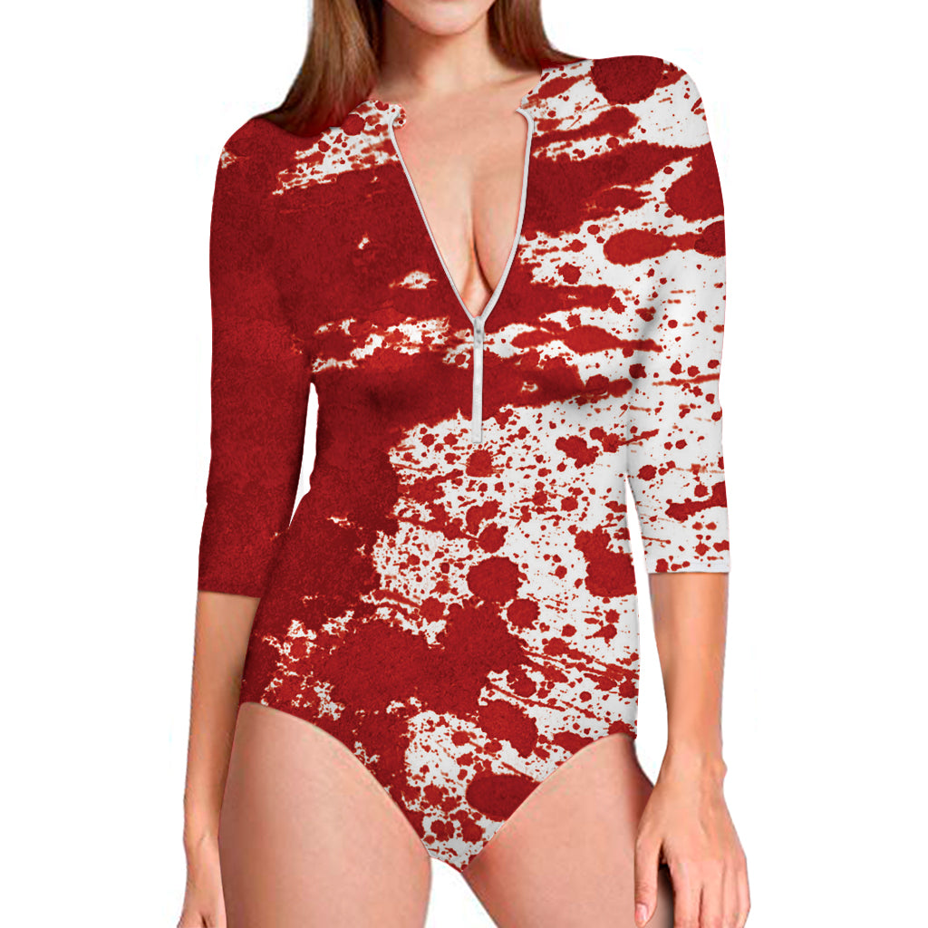 Red Blood Stains Print Long Sleeve Swimsuit