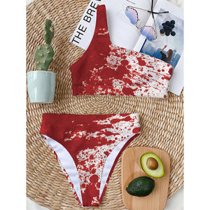 Red Blood Stains Print One Shoulder Bikini Top