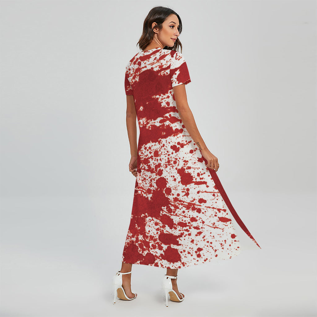 Red Blood Stains Print Short Sleeve Maxi Dress