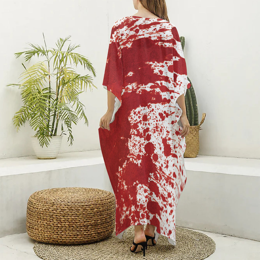 Red Blood Stains Print Silk V-Neck Kaftan Dress