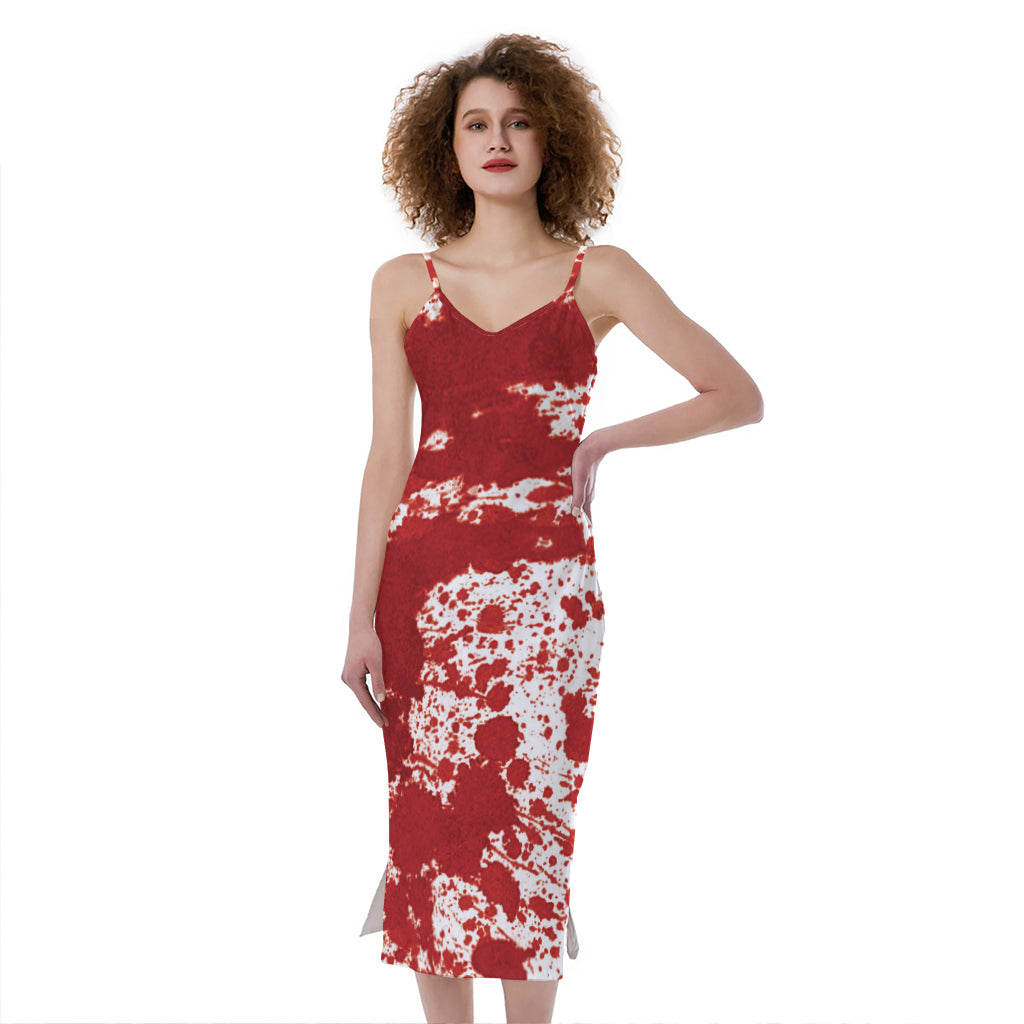 Red Blood Stains Print Slim Fit Midi Cami Dress