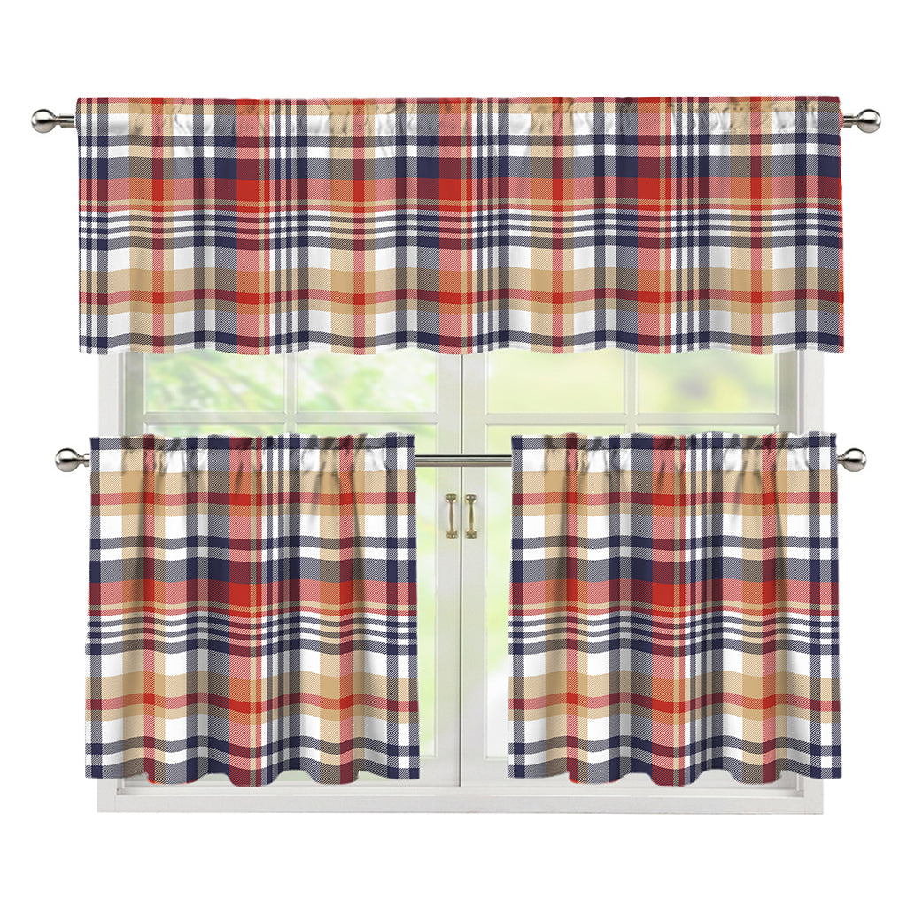 Red Blue And Beige Madras Plaid Print 3 Piece Kitchen Curtains