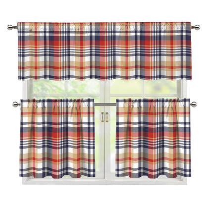 Red Blue And Beige Madras Plaid Print 3 Piece Kitchen Curtains