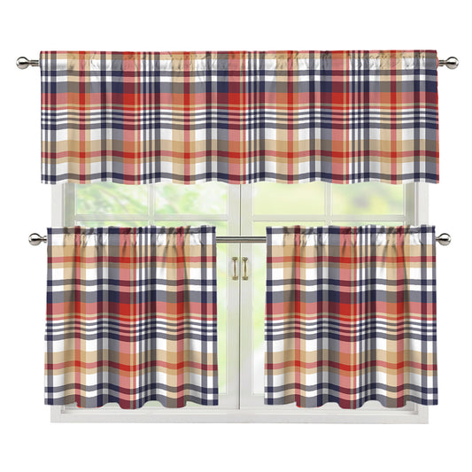 Red Blue And Beige Madras Plaid Print 3 Piece Kitchen Curtains