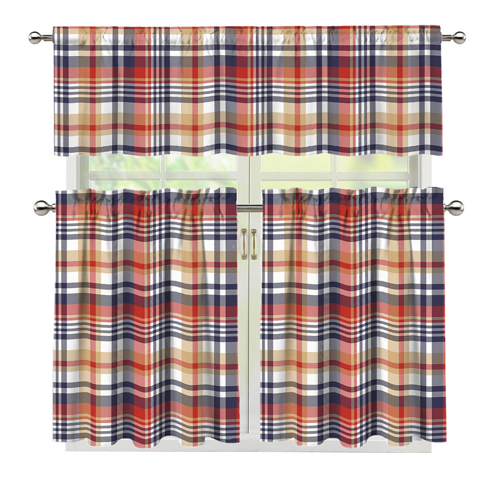 Red Blue And Beige Madras Plaid Print 3 Piece Kitchen Curtains