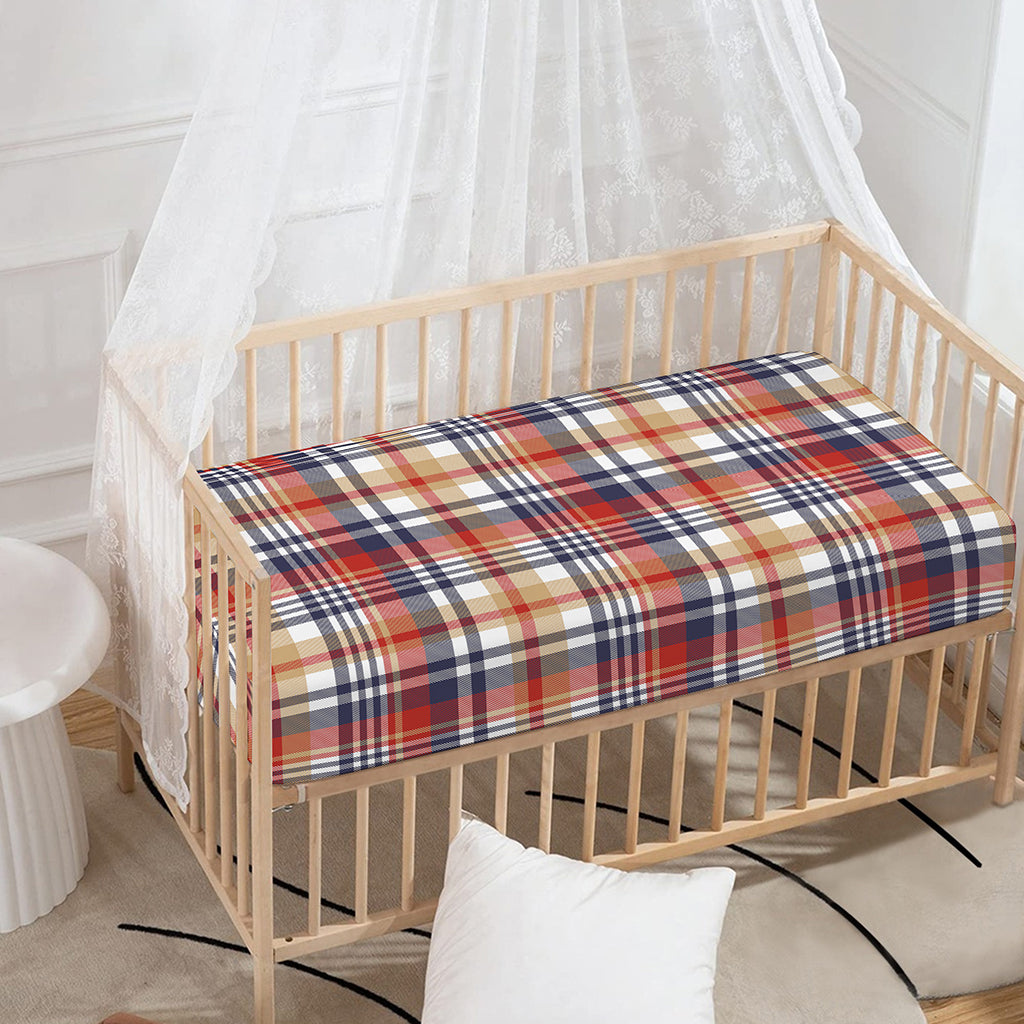 Red Blue And Beige Madras Plaid Print Baby Crib Sheet