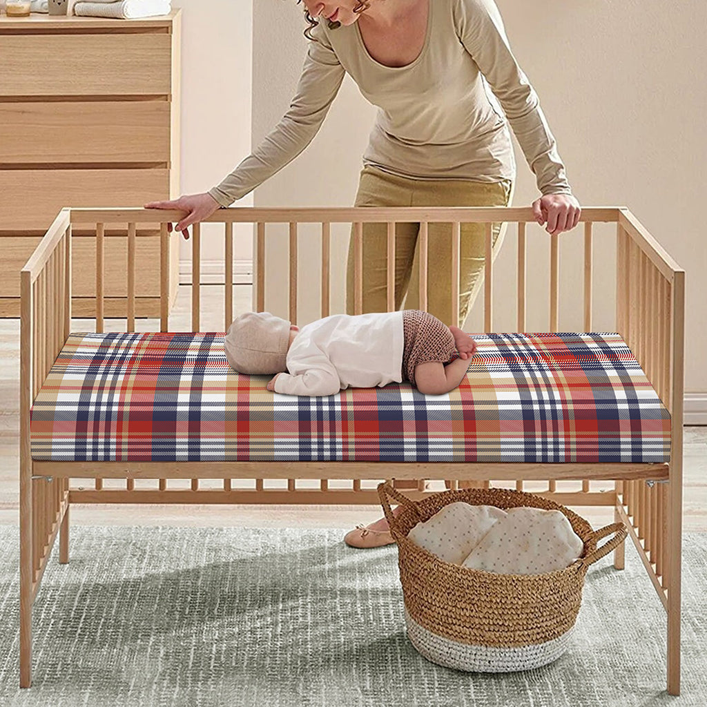 Red Blue And Beige Madras Plaid Print Baby Crib Sheet
