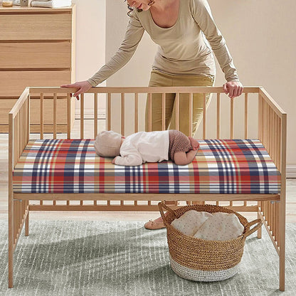 Red Blue And Beige Madras Plaid Print Baby Crib Sheet