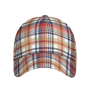 Red Blue And Beige Madras Plaid Print Baseball Cap