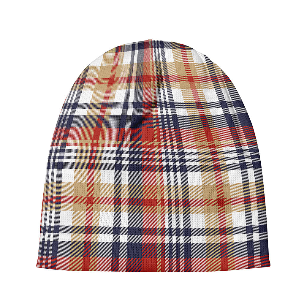 Red Blue And Beige Madras Plaid Print Beanie