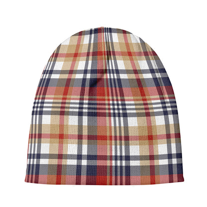 Red Blue And Beige Madras Plaid Print Beanie