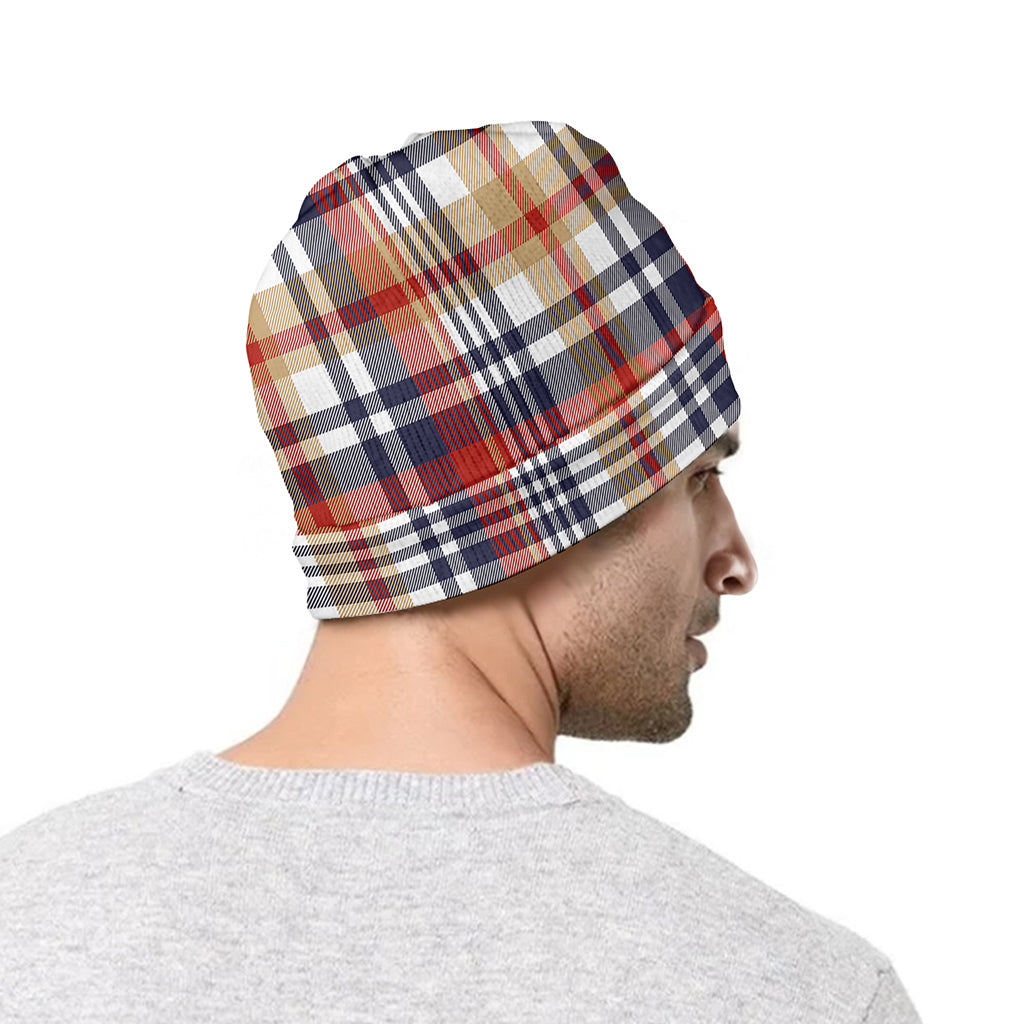 Red Blue And Beige Madras Plaid Print Beanie