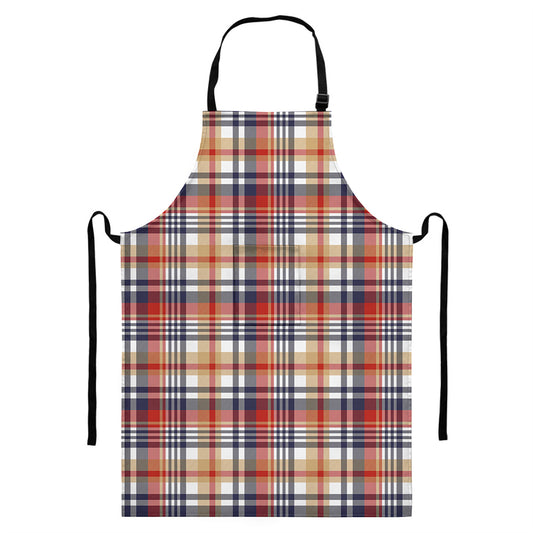 Red Blue And Beige Madras Plaid Print Bib Apron With Pocket