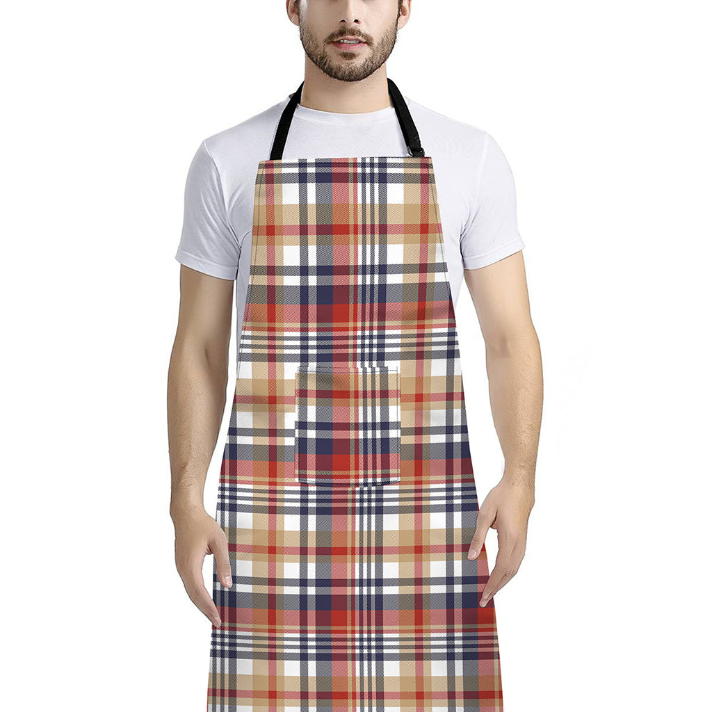 Red Blue And Beige Madras Plaid Print Bib Apron With Pocket