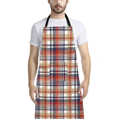 Red Blue And Beige Madras Plaid Print Bib Apron With Pocket