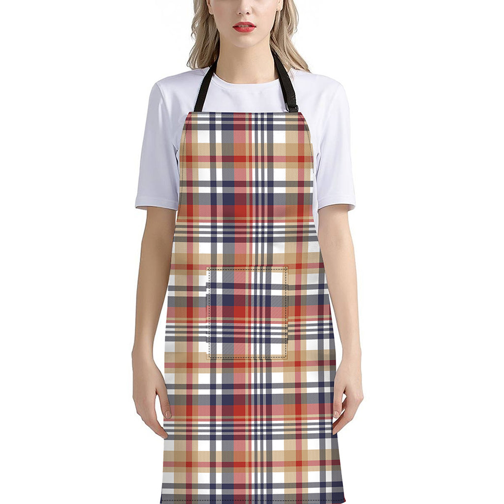 Red Blue And Beige Madras Plaid Print Bib Apron With Pocket